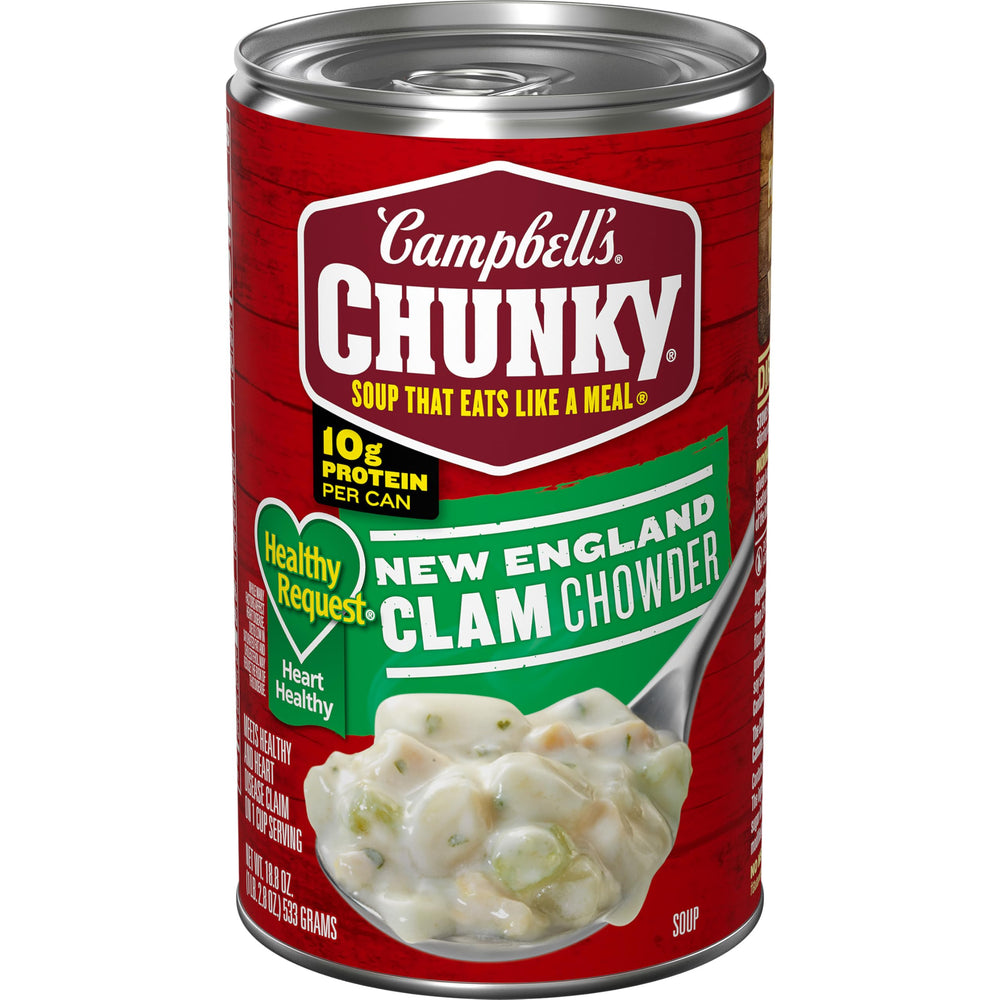 Campbell's Chunky Healthy Request New England Clam Chowder can—creamy texture with 10g protein per can.