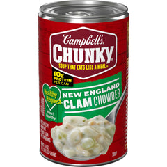 Campbell's Chunky Healthy Request New England Clam Chowder can—creamy texture with 10g protein per can.