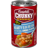 Campbell's Chunky Hearty Bean Soup with Ham can label—bold flavor promise for quick meals.