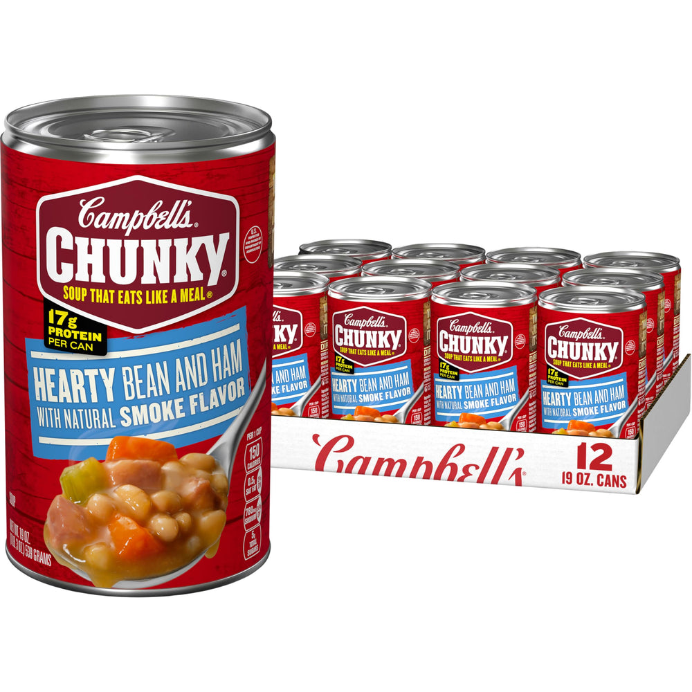 Campbell's Chunky Hearty Bean Soup with Ham can; protein-packed meal option.