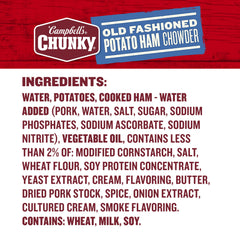 Hearty potatoes and smoky ham visible in Campbell's Chunky chowder, perfect for a filling lunch.