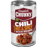 Campbell's Chunky Hot and Spicy Chili with Beans can, convenient heat-and-eat option.