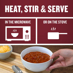 Campbell's Chunky Hot and Spicy Chili with Beans heated in the microwave, quick comfort.