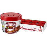 Camp Campbell's Chunky hot and spicy chili in a microwavable bowl, ready in minutes.