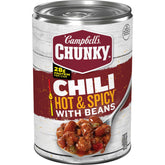 Campbell's Chunky Hot and Spicy Chili with Beans in a steaming bowl, protein-packed comfort.