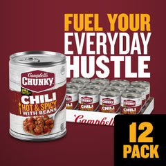 Campbell's Chunky Hot and Spicy Chili with Beans serving bowl steaming for game day.