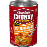 Campbell's Chunky Jazzy Jambalaya can front, ready-to-eat meal with bold Cajun flavor.