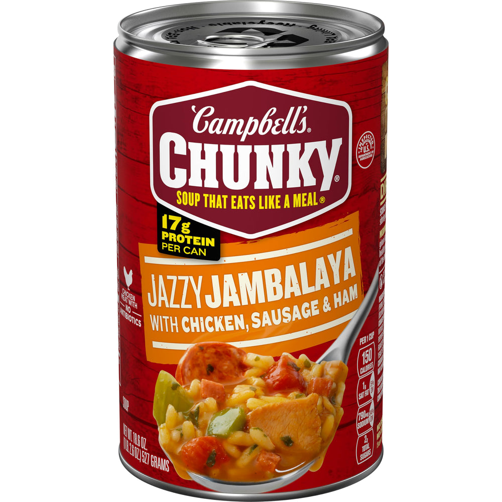 Campbell’s Chunky Jazzy Jambalaya can front view, a hearty ready-to-eat meal for busy days.