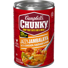 Campbell's Chunky Jazzy Jambalaya can front, ready-to-eat meal with bold Cajun flavor.