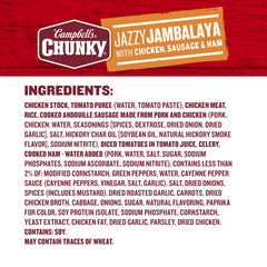 Label highlights 15 grams of protein per can from Campbell's Jazzy Jambalaya.
