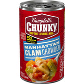 Campbell's Chunky Manhattan Clam Chowder can front view shows a hearty ready-to-eat meal