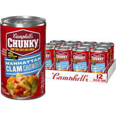 Campbell's Chunky Manhattan Clam Chowder can front view signals a hearty ready meal.