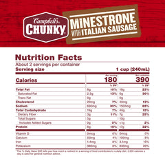 Campbell's Chunky Minestrone ingredients close-up showing tomatoes and vegetables for robust flavor.