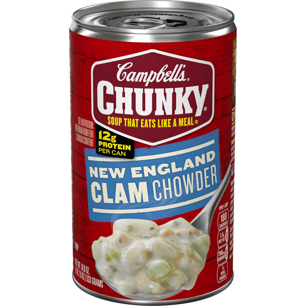 Campbell's Chunky New England Clam Chowder can front view with hearty clams and protein boost.