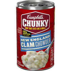 Campbell's Chunky New England Clam Chowder can front view with hearty clams and protein boost.
