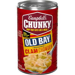 Campbell's Chunky OLD BAY clam chowder can, ready to heat for a satisfying meal