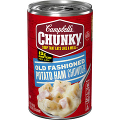 Campbell's Chunky Old Fashioned Potato Ham Chowder can with hearty ingredients for a protein-rich meal.