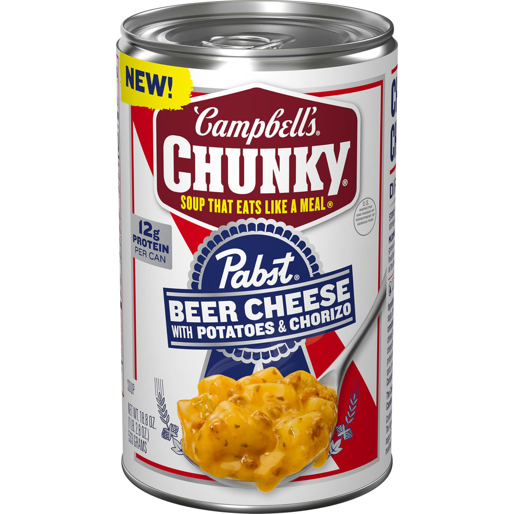 Campbell’s Chunky Pabst Beer Cheese Soup with potatoes and chorizo served in a bowl.