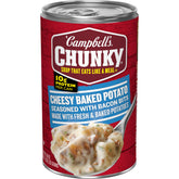 Campbell's Chunky Baked Potato with Cheddar and Bacon Bits soup image shows potato chunks for a filling meal.