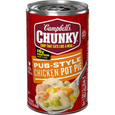 Campbell's Chunky Pub-Style Chicken Pot Pie Soup can front view, ideal for a quick, filling lunch.