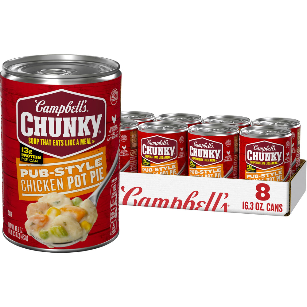 Campbell's Chunky Pub-Style Chicken Pot Pie Soup can showing hearty chunks for a filling meal