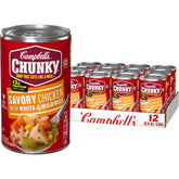 Campbell's Chunky Savory Chicken with White and Wild Rice can on shelf, protein-rich comfort