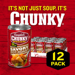 Microwave-ready Campbell's Chunky Savory Pot Roast Soup served in a bowl for fast meals.