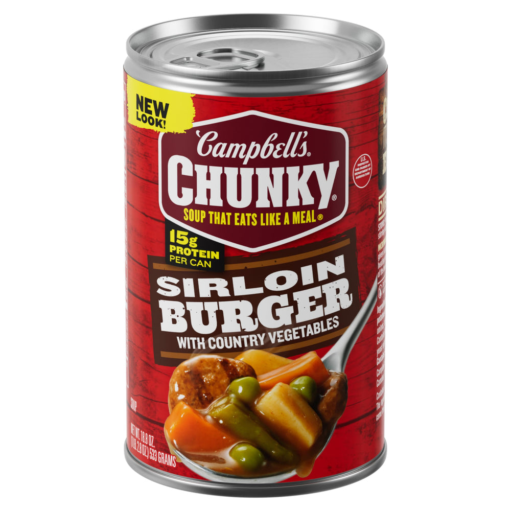 Campbell's Chunky Sirloin Burger with Country Vegetables can front, bold flavor for quick meals.