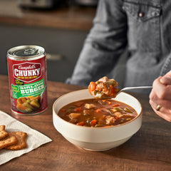 Can of Campbell's Chunky Soup with game-day vibe, convenient heat-and-serve.