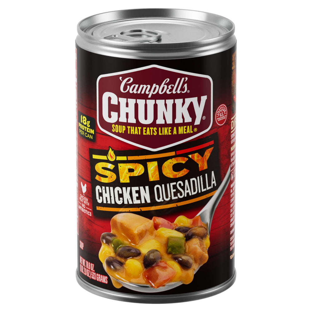Campbell's Chunky Spicy Chicken Quesadilla Soup can ready-to-heat for a satisfying meal.
