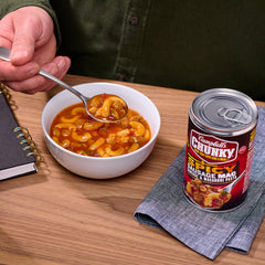 Microwave heating action for Campbell’s Chunky Spicy Sausage Mac — quick warmth