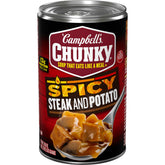 Campbell's Chunky Spicy Steak and Potato can, ready to heat for a hearty meal.