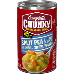 Campbell's Chunky Split Pea Soup with Ham can front shows the product clearly and highlights protein-rich meal option.
