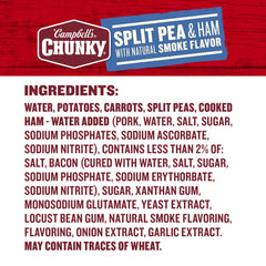 Campbell's Chunky Split Pea Soup with Ham ingredients reveal peas, potatoes, carrots, and ham chunks.