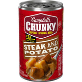 Campbell’s Chunky Steak and Potato Soup can front view, protein-packed meal option.