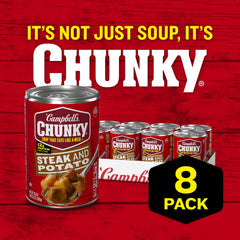 Outdoors camping scene with Campbell's Chunky Steak and Potato Soup ready to heat by campfire.