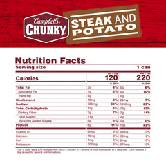 Campbell's Chunky Steak and Potato Soup can on kitchen shelf ready for a quick lunch.