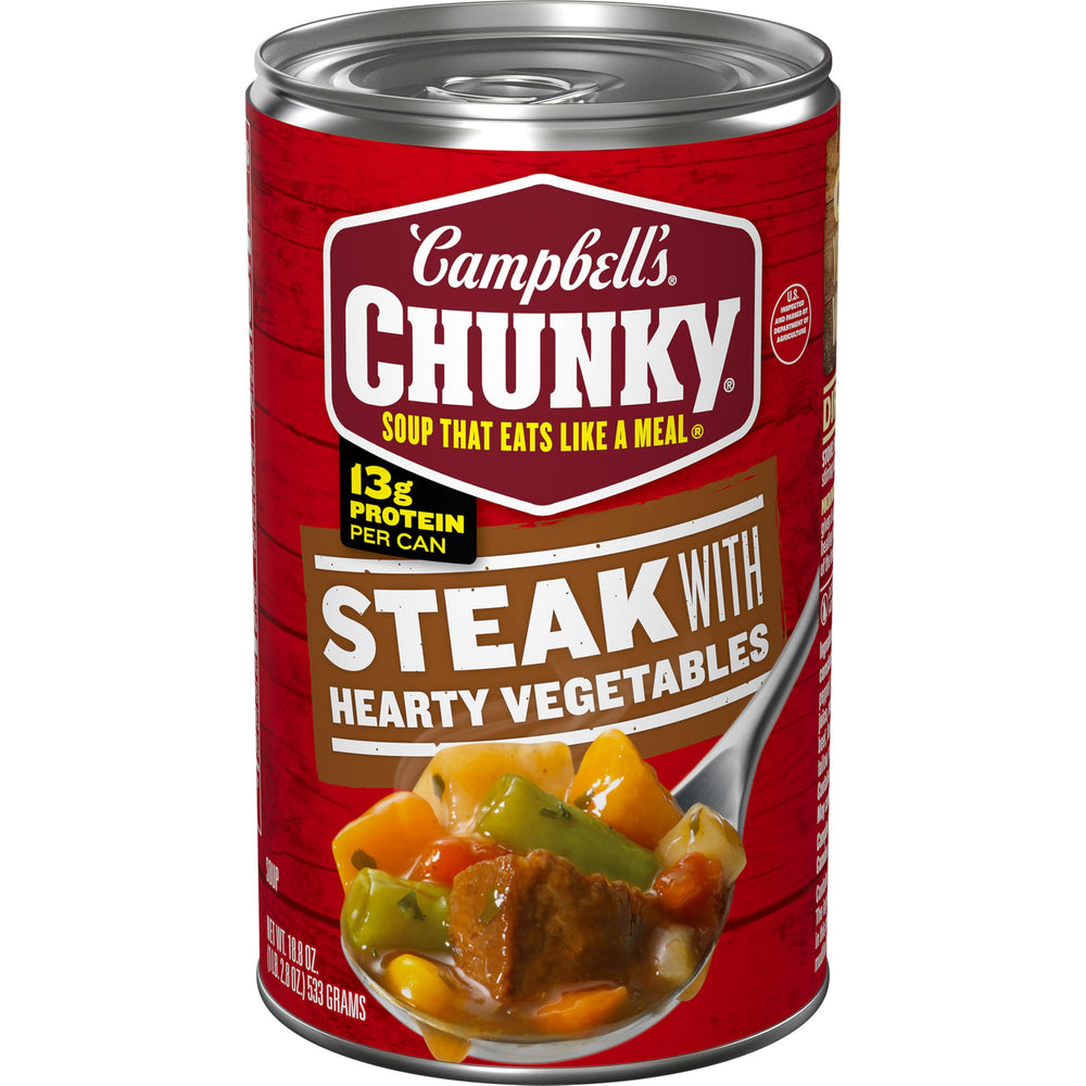 Campbell's Chunky steak with hearty vegetables soup can showing bold beef and vegetables for a satisfying meal.