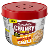 Campbell's Chunky White Bean Chicken Chili in a microwave bowl, quick ready meal