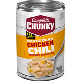 Campbell’s Chunky White Bean Chicken Chili can label shows protein-packed comfort for quick meals.