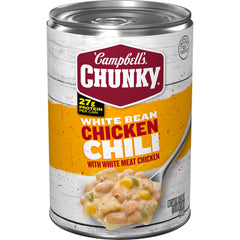 Campbell’s Chunky White Bean Chicken Chili can label shows protein-packed comfort for quick meals.