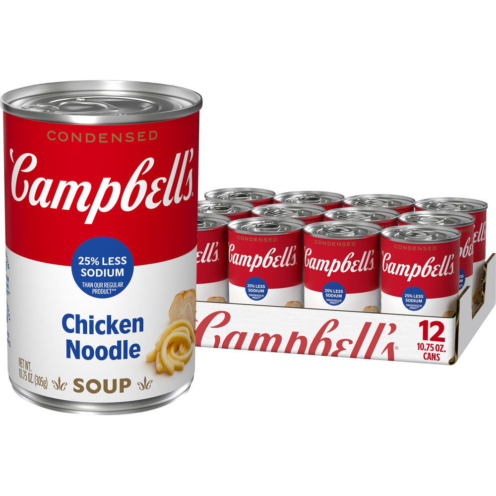 Campbell's 25% less sodium chicken noodle soup front pack for a comforting, lower-sodium option.