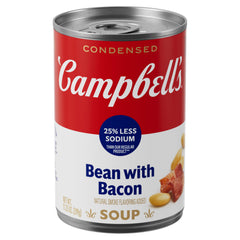 Campbell's Bean With Bacon Soup can indicating 25% less sodium option