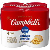 Campbell's Condensed 25% Less Sodium Chicken Noodle Soup can front view, quick comfort option.