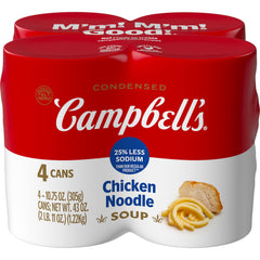 Campbell's Condensed 25% Less Sodium Chicken Noodle Soup can front view, quick comfort option.