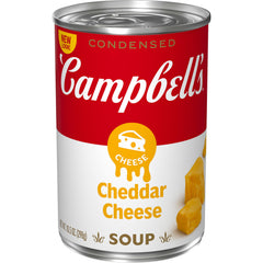 Campbell's Condensed Cheddar Cheese Soup can label showing vegetarian, creamy base.