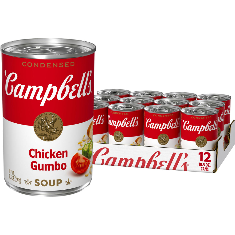 Campbell's Chicken Gumbo Soup can on the counter, ready to heat for a cozy meal.