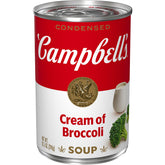 Campbell's Cream of Broccoli Soup can on shelf, convenient for easy dinners