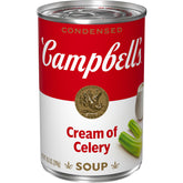 Campbell's Cream of Celery Soup can front, convenient pantry staple for quick meals.