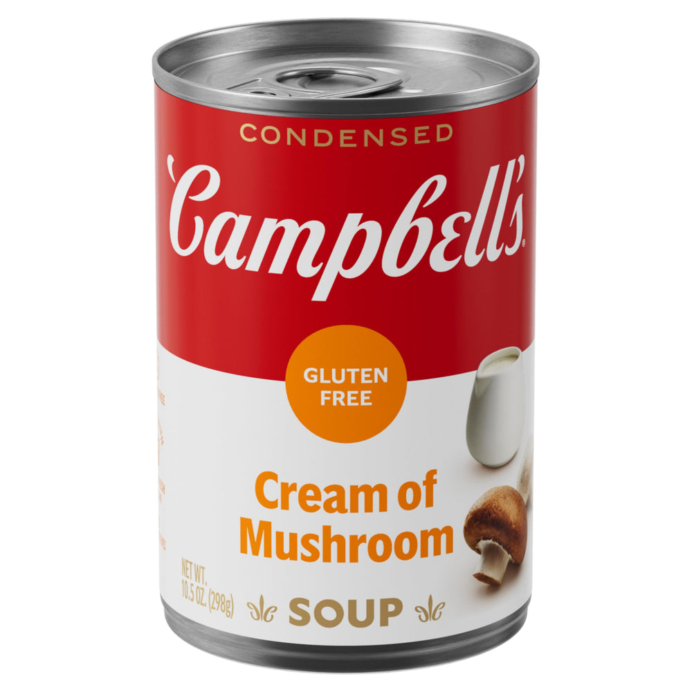 Campbell's gluten free cream of mushroom soup can being poured into a pan for easy weeknight meals